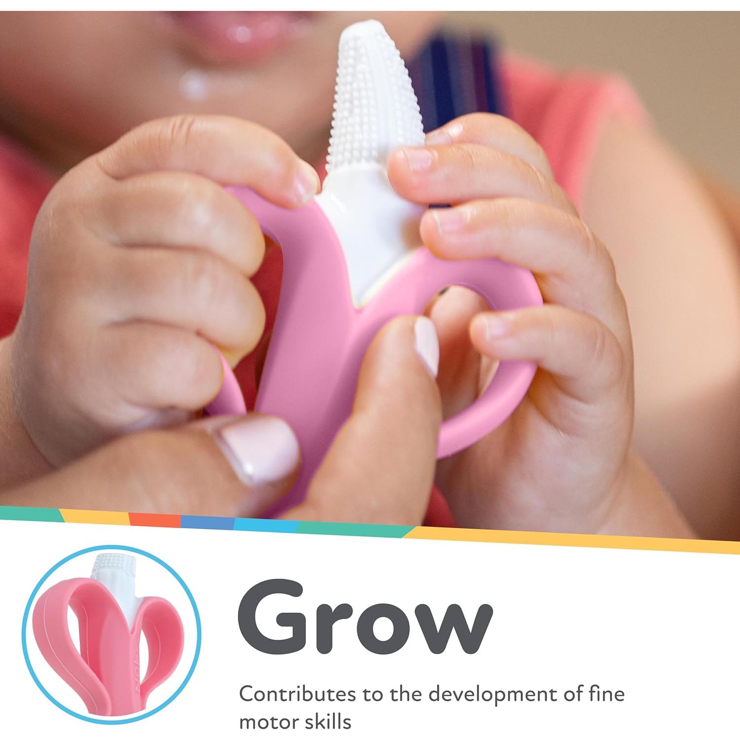 Cepillo de Dientes Masajeador Nuby NanaNubs Banana - 100% Silicona - 3+ Meses - Rosa