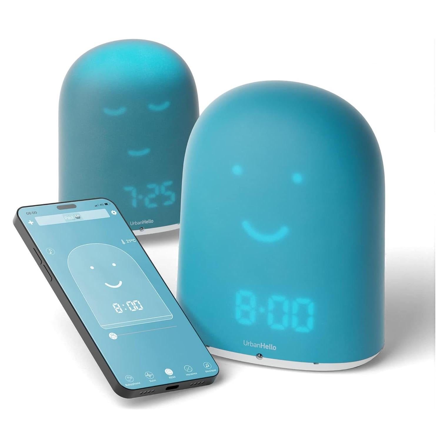 Reloj Despertador Infantil UrbanHello REMI - Monitor de Sueño y Luz Nocturna - Altavoz MP3 - Azul