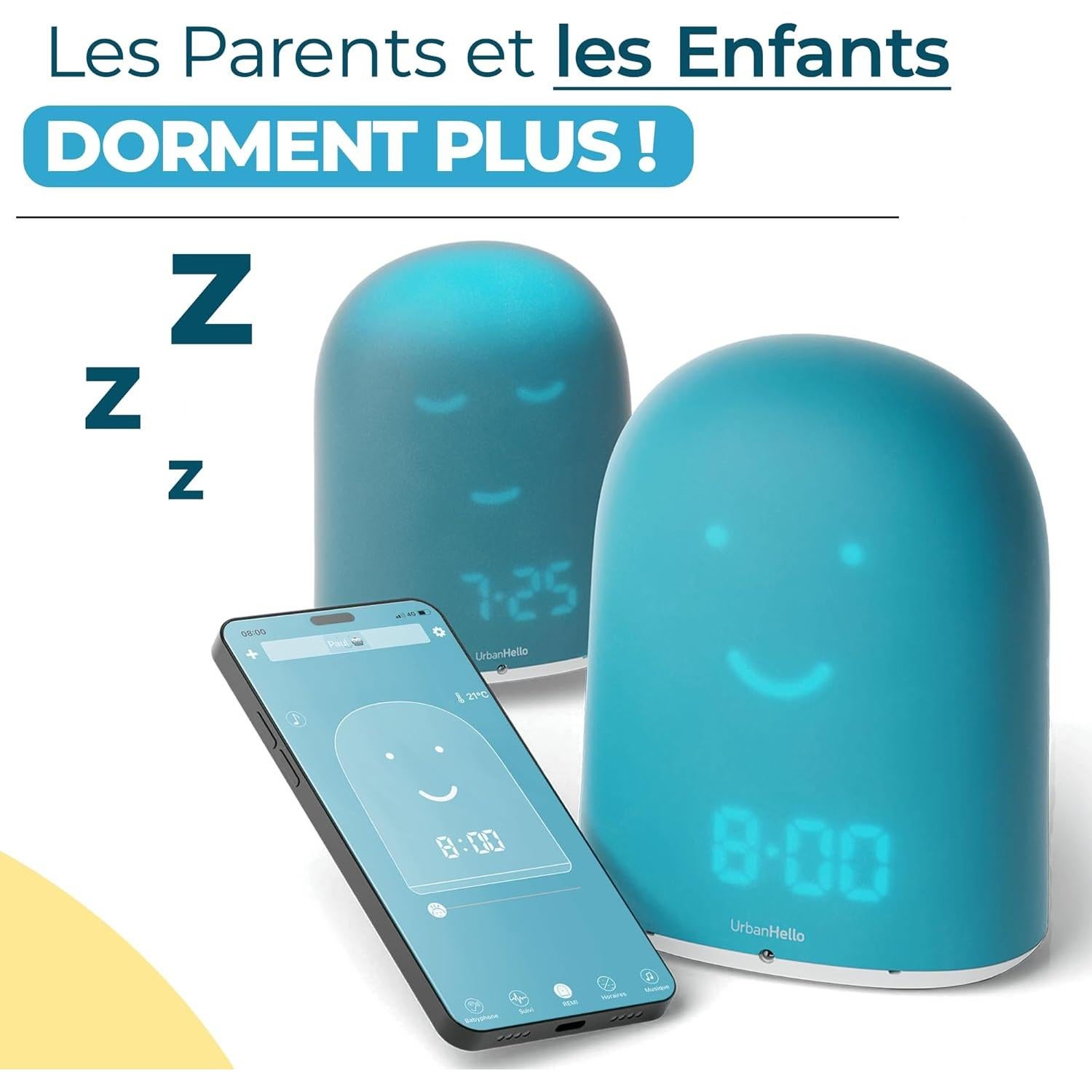 Reloj Despertador Infantil UrbanHello REMI - Monitor de Sueño y Luz Nocturna - Altavoz MP3 - Azul