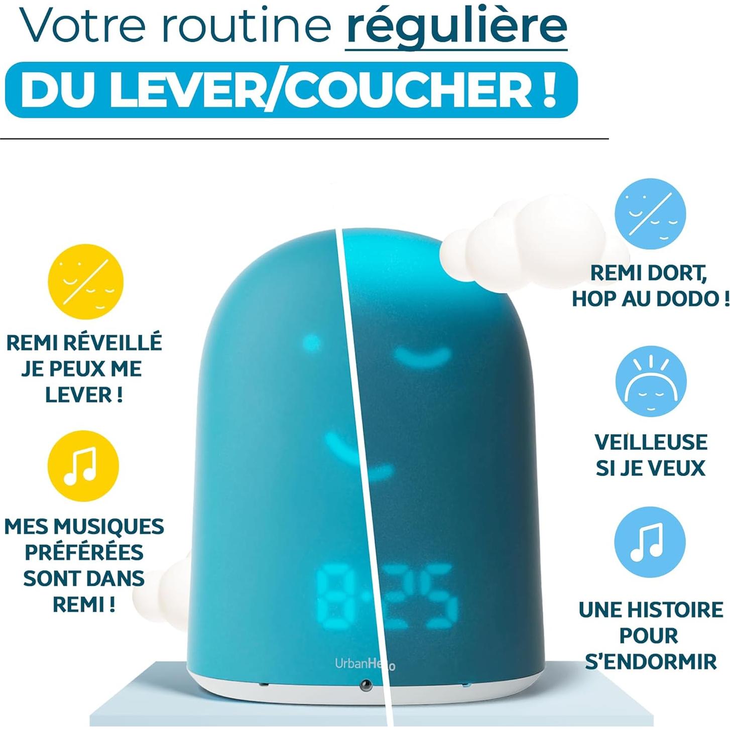 Reloj Despertador Infantil UrbanHello REMI - Monitor de Sueño y Luz Nocturna - Altavoz MP3 - Azul