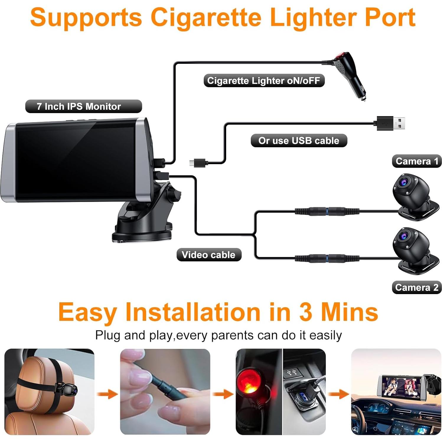 Cámara de Auto para Bebés BOEYOS BM300 Doble HD 1080P 7"