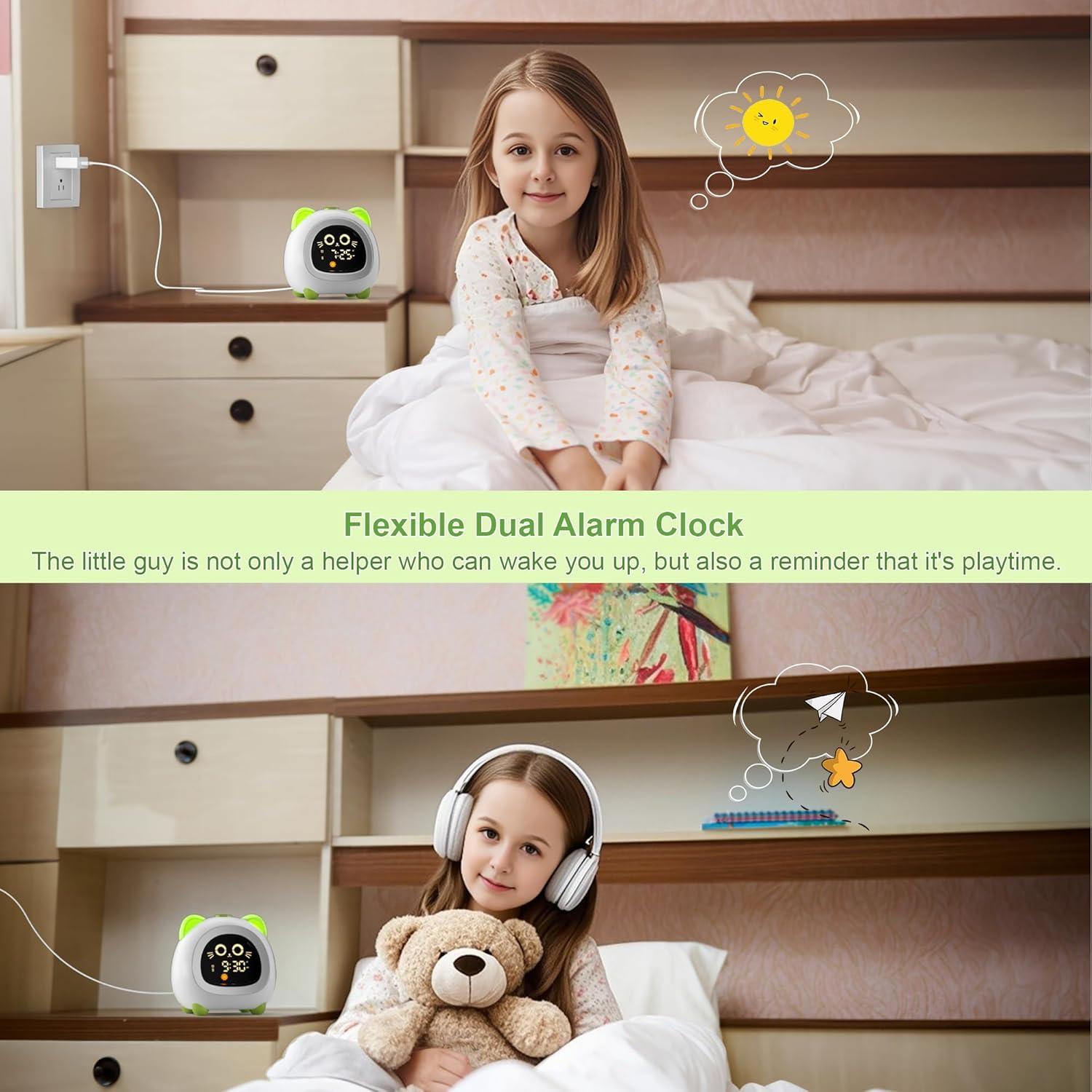 Reloj Despertador Infantil ANALOI Gato Verde Manzana con Luz