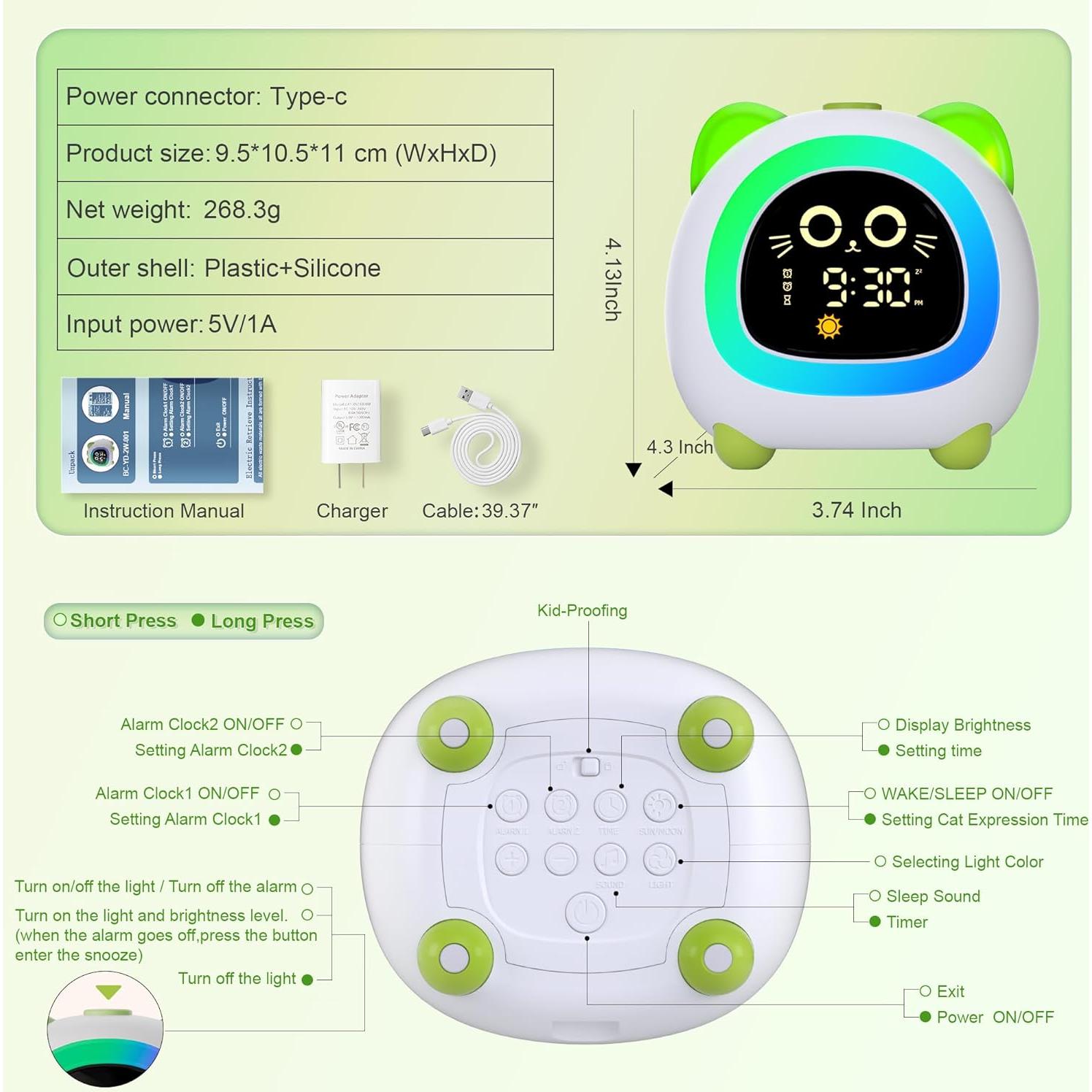 Reloj Despertador Infantil ANALOI Gato Verde Manzana con Luz