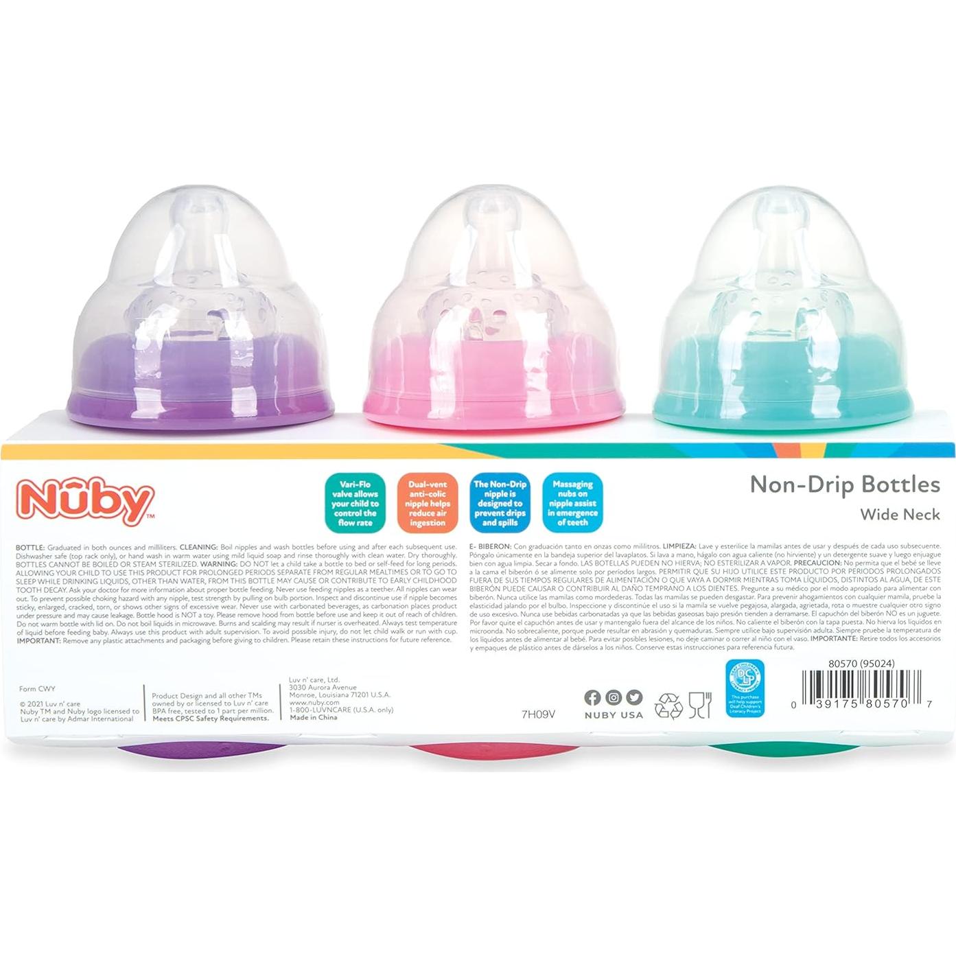 Botellas Ant Goteo Cuello Ancho Nuby 240 mL - Paquete de 3