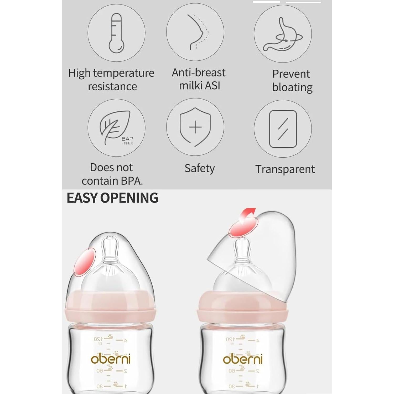 Botellas de vidrio anti cólicos Oberni 120 ml Rosa - 2 unidades