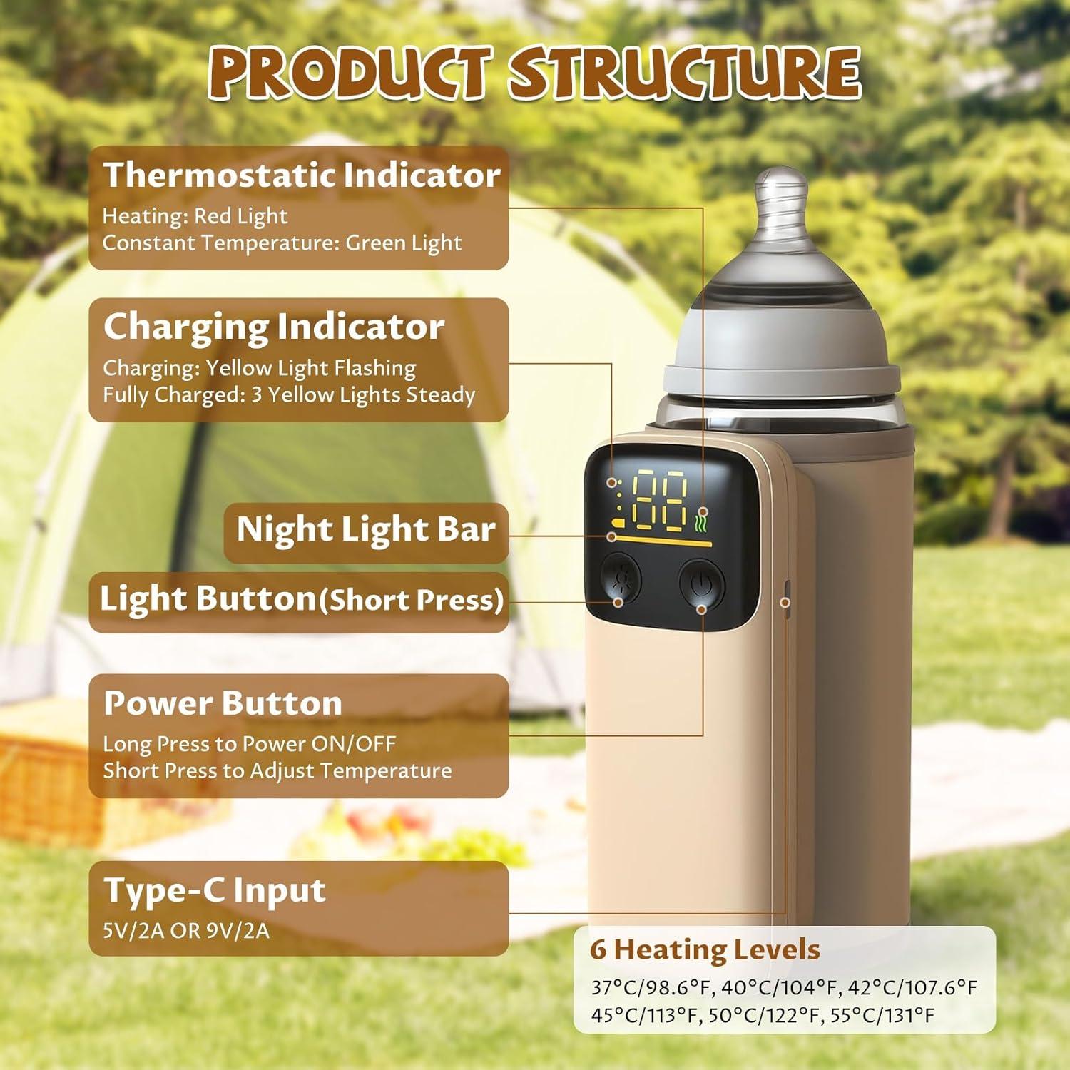 Calentador de Botellas de Bebé Portátil 6 Temperaturas Recargable