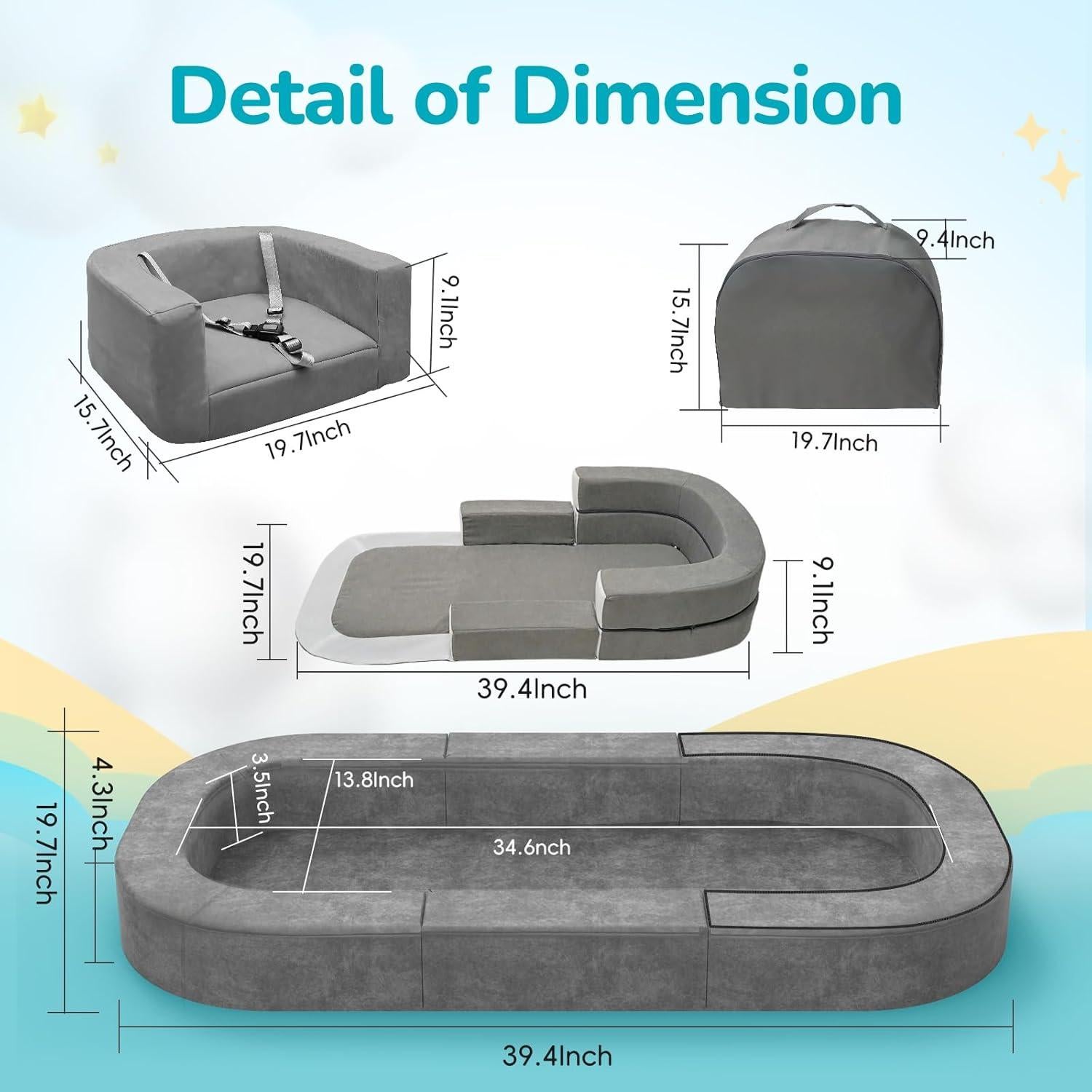 Cama y Sofá de Viaje 4 en 1 para Bebés HB609 - Gris Claro