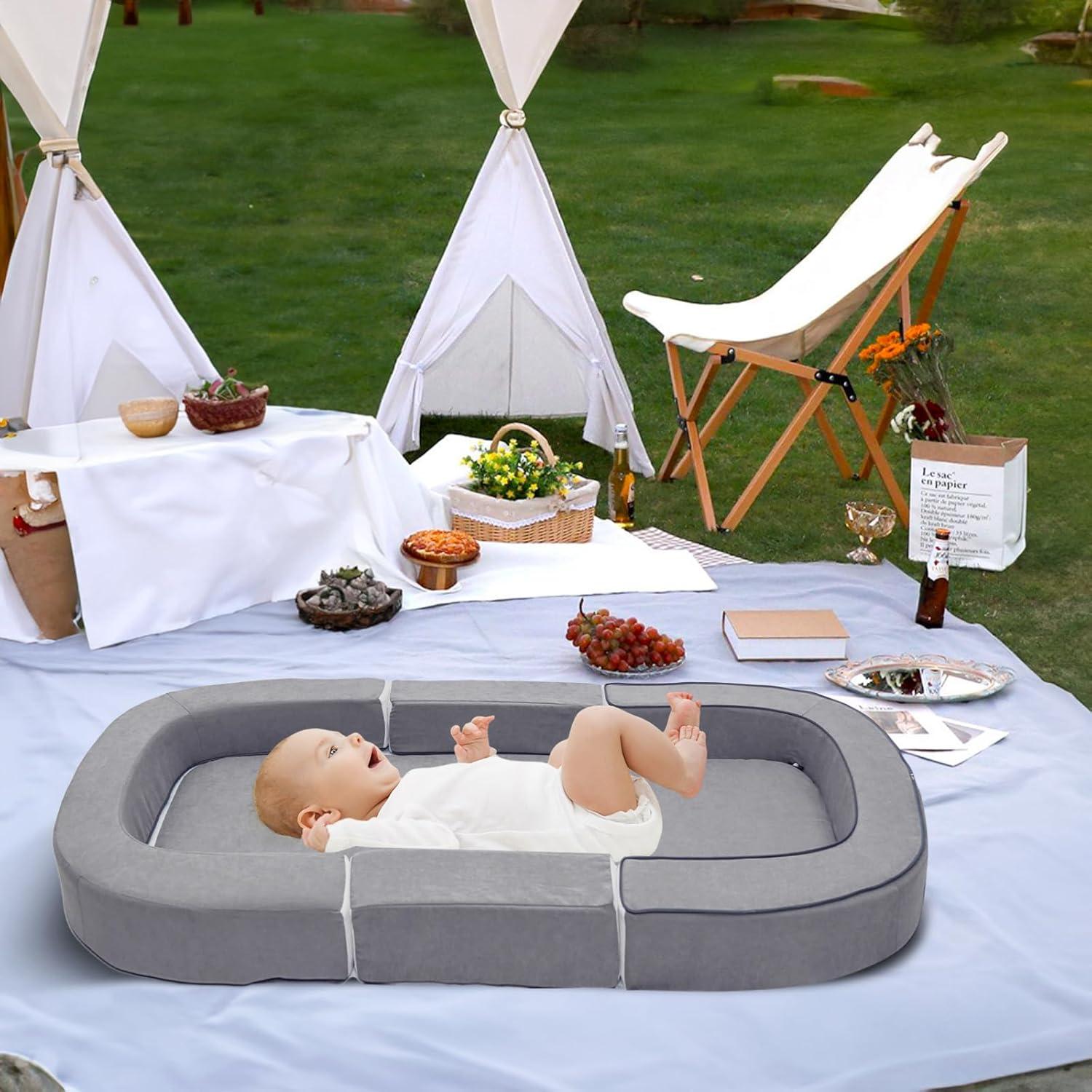 Cama y Sofá de Viaje 4 en 1 para Bebés HB609 - Gris Claro