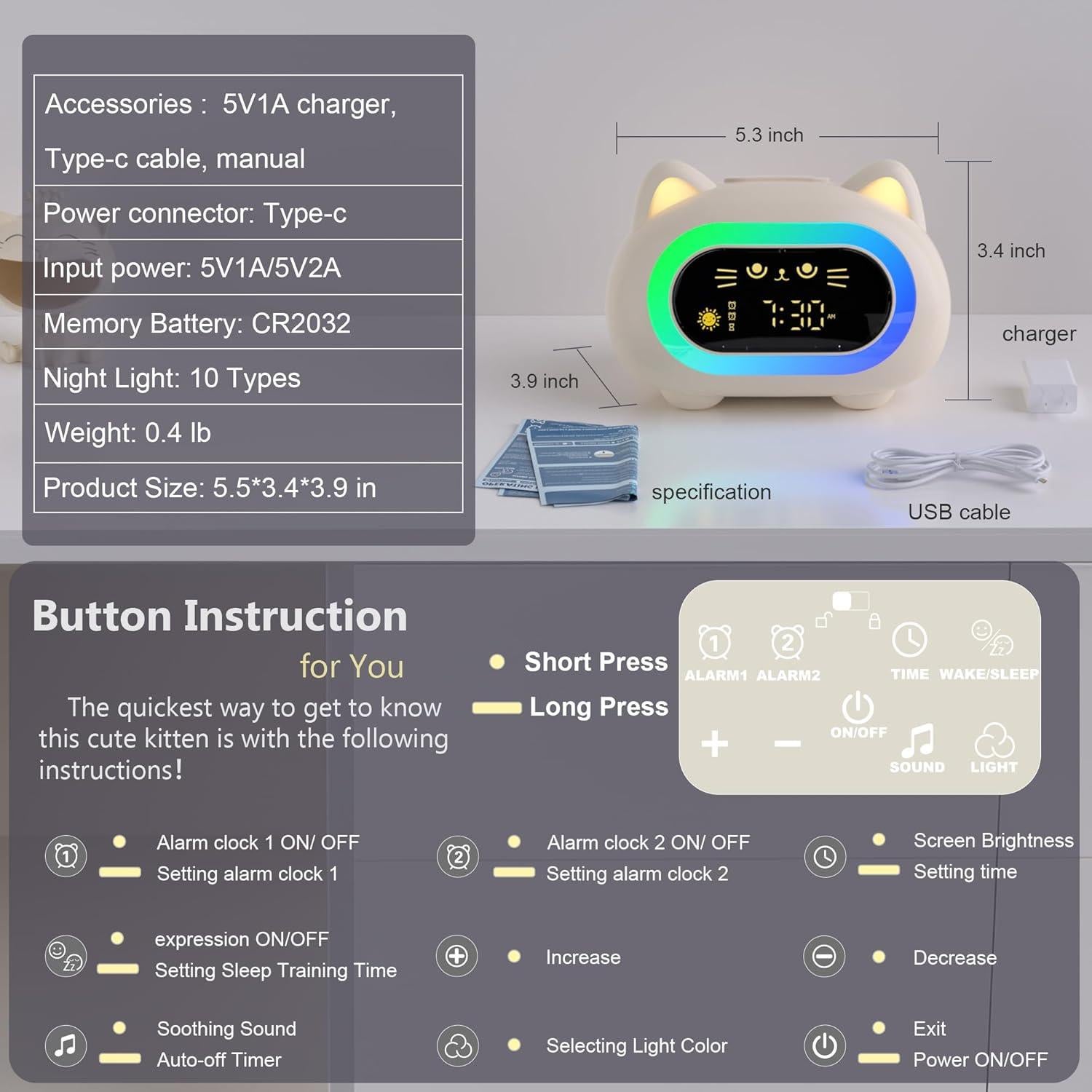 Reloj Despertador Infantil ANALOI Gato Luz Nocturna Doble Alarma