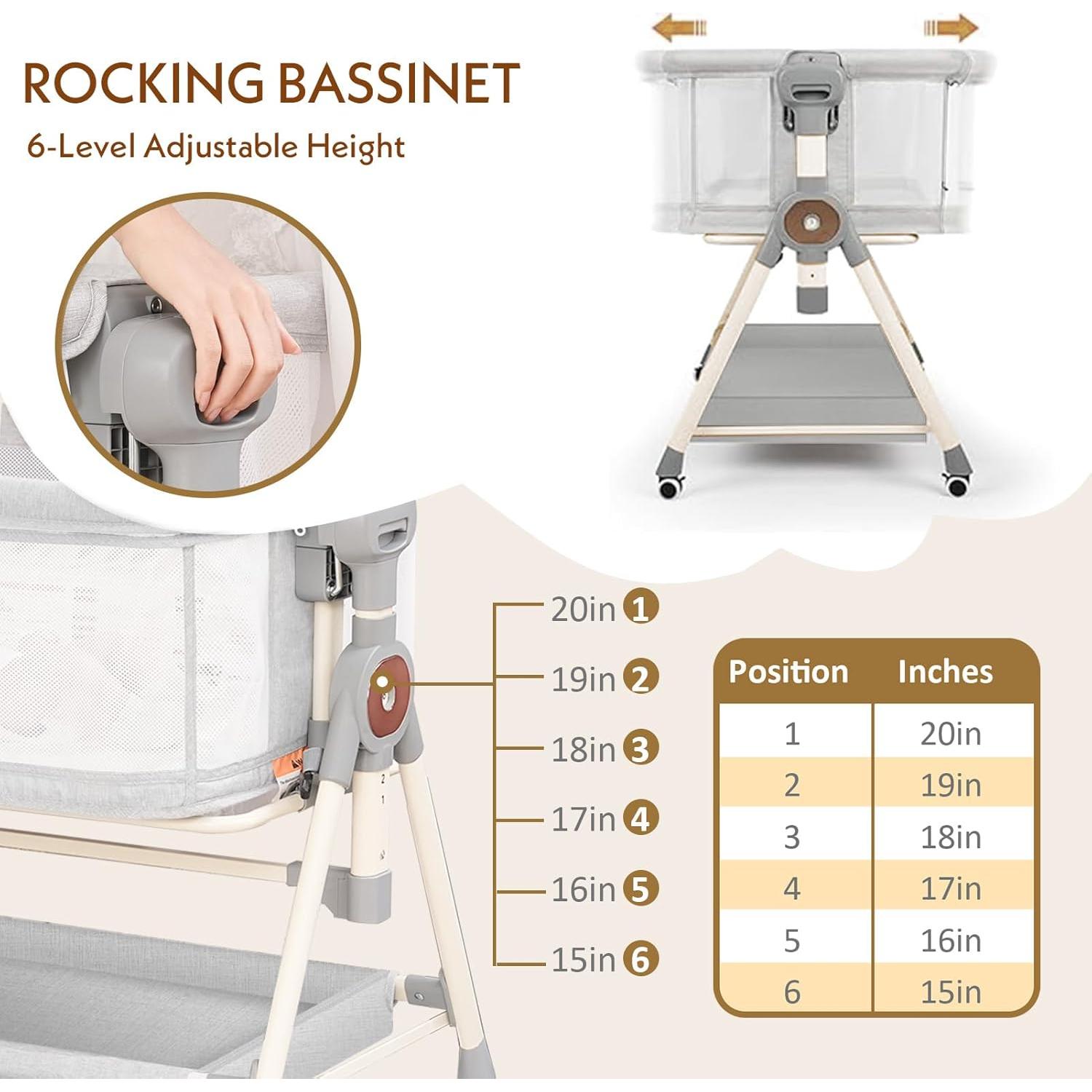 Cuna Mecedora Hichangto 3 en 1 Ajustable 6 Alturas Gris Claro