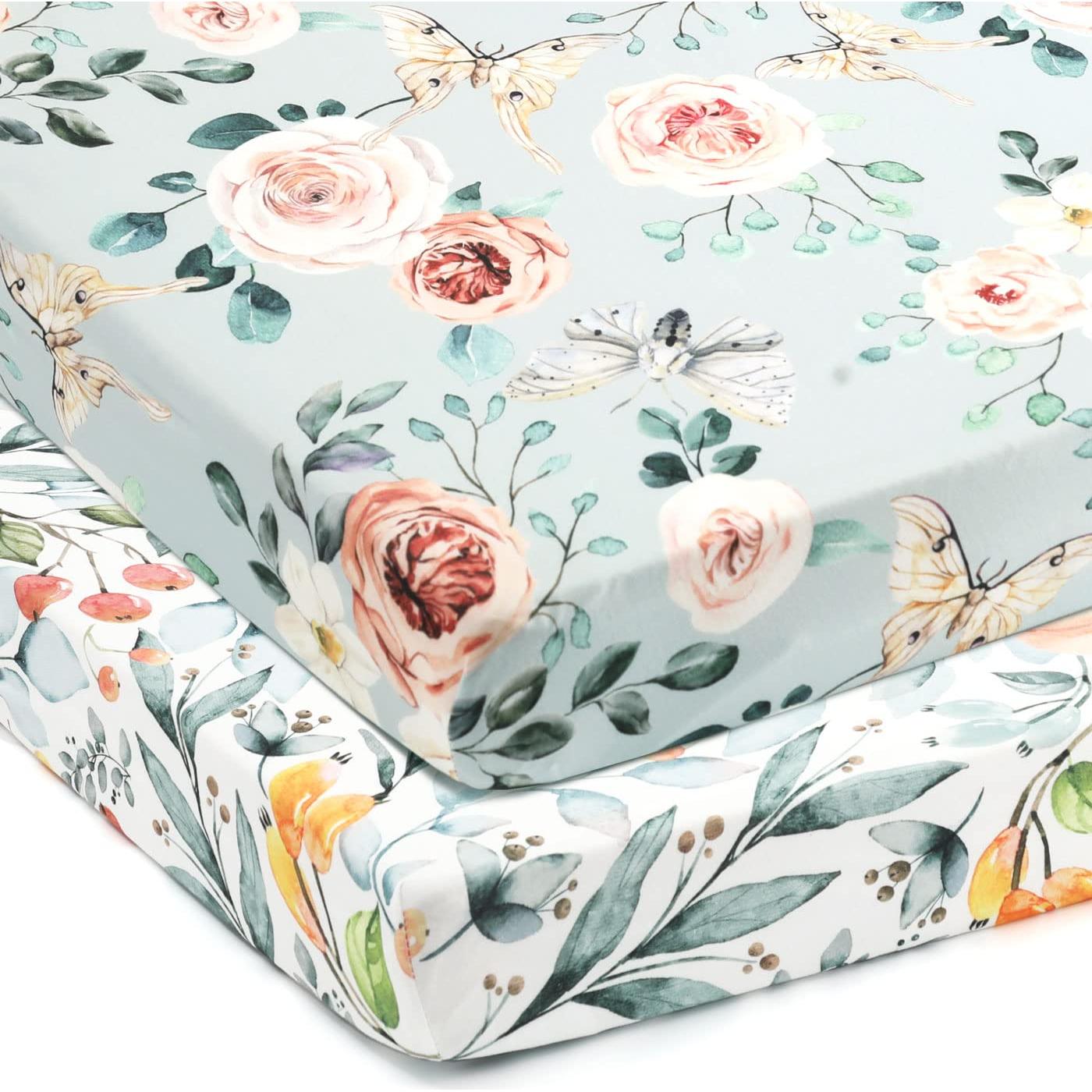 Juego de Sábanas Ajustadas GRSSDER para Mini Cuna 2 Piezas Floral