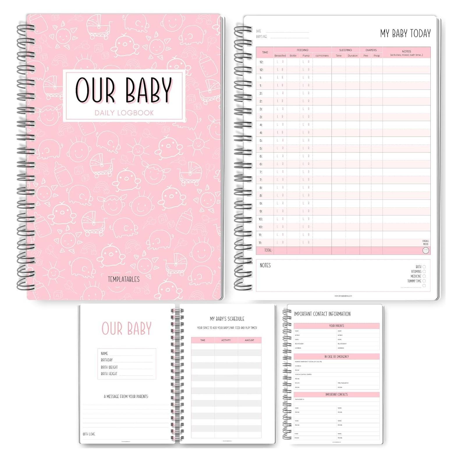 Registro Diario del Bebé Templatables A5 Rosa - Rastrear Sueño y Alimentación