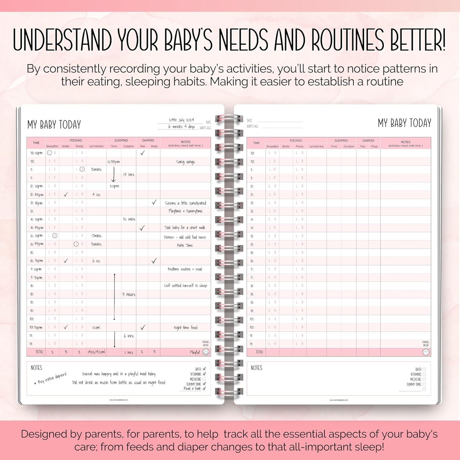 Registro Diario del Bebé Templatables A5 Rosa - Rastrear Sueño y Alimentación