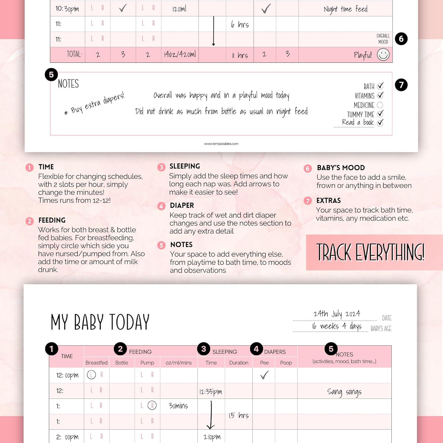 Registro Diario del Bebé Templatables A5 Rosa - Rastrear Sueño y Alimentación