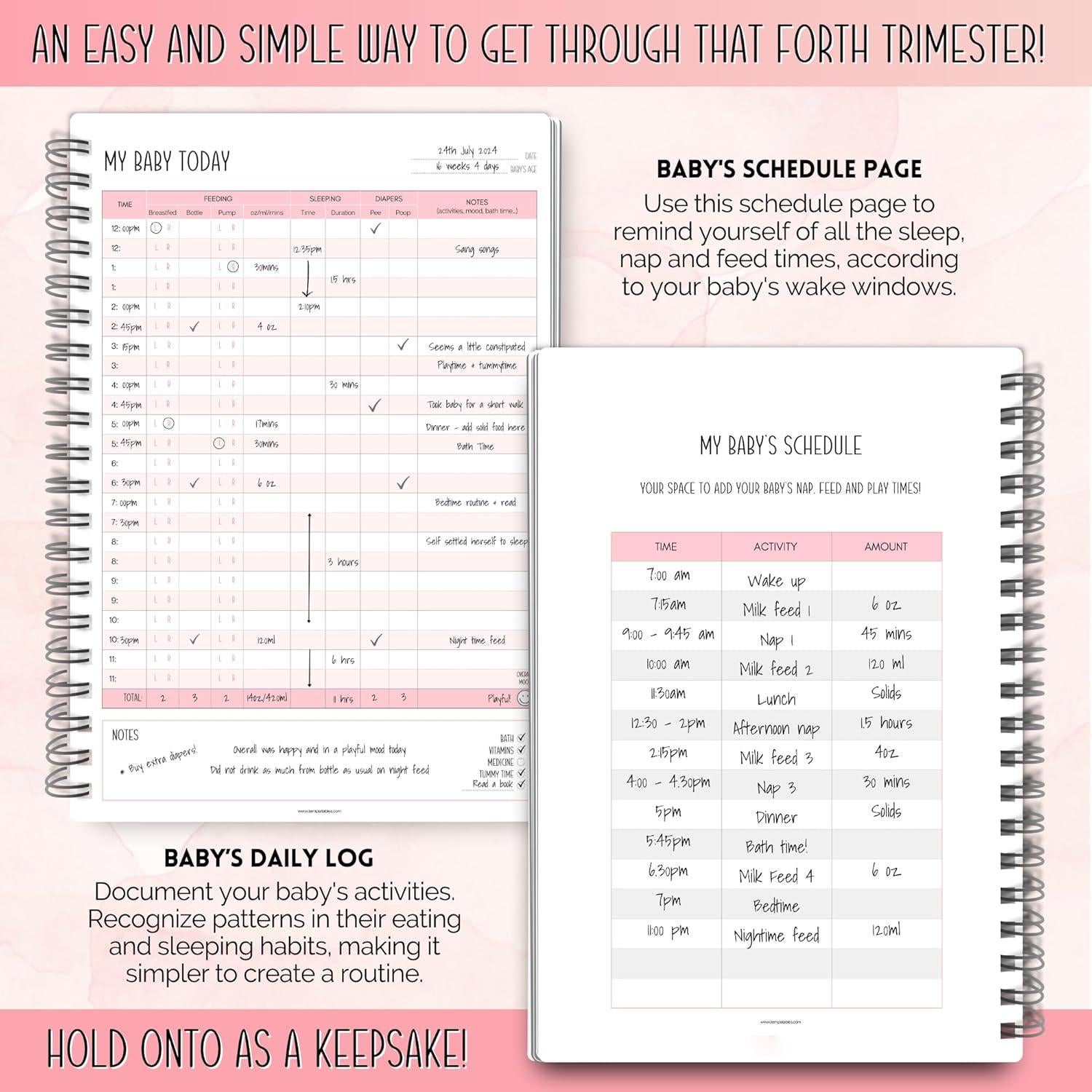 Registro Diario del Bebé Templatables A5 Rosa - Rastrear Sueño y Alimentación