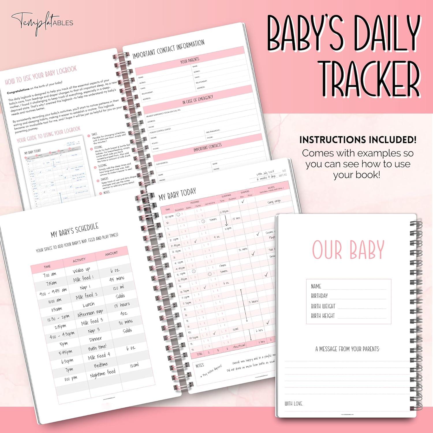 Registro Diario del Bebé Templatables A5 Rosa - Rastrear Sueño y Alimentación