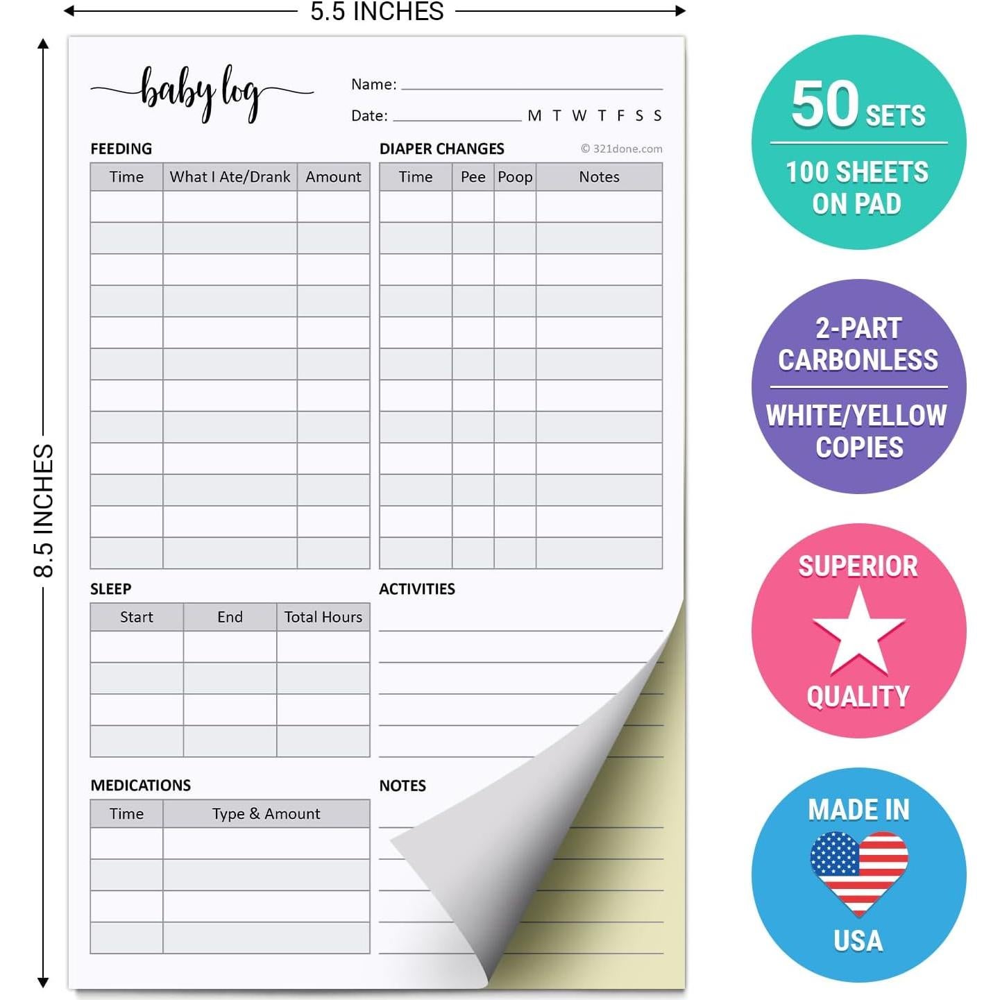 Libro de Registro Diario para Bebés 321Hecho - 50 Conjuntos