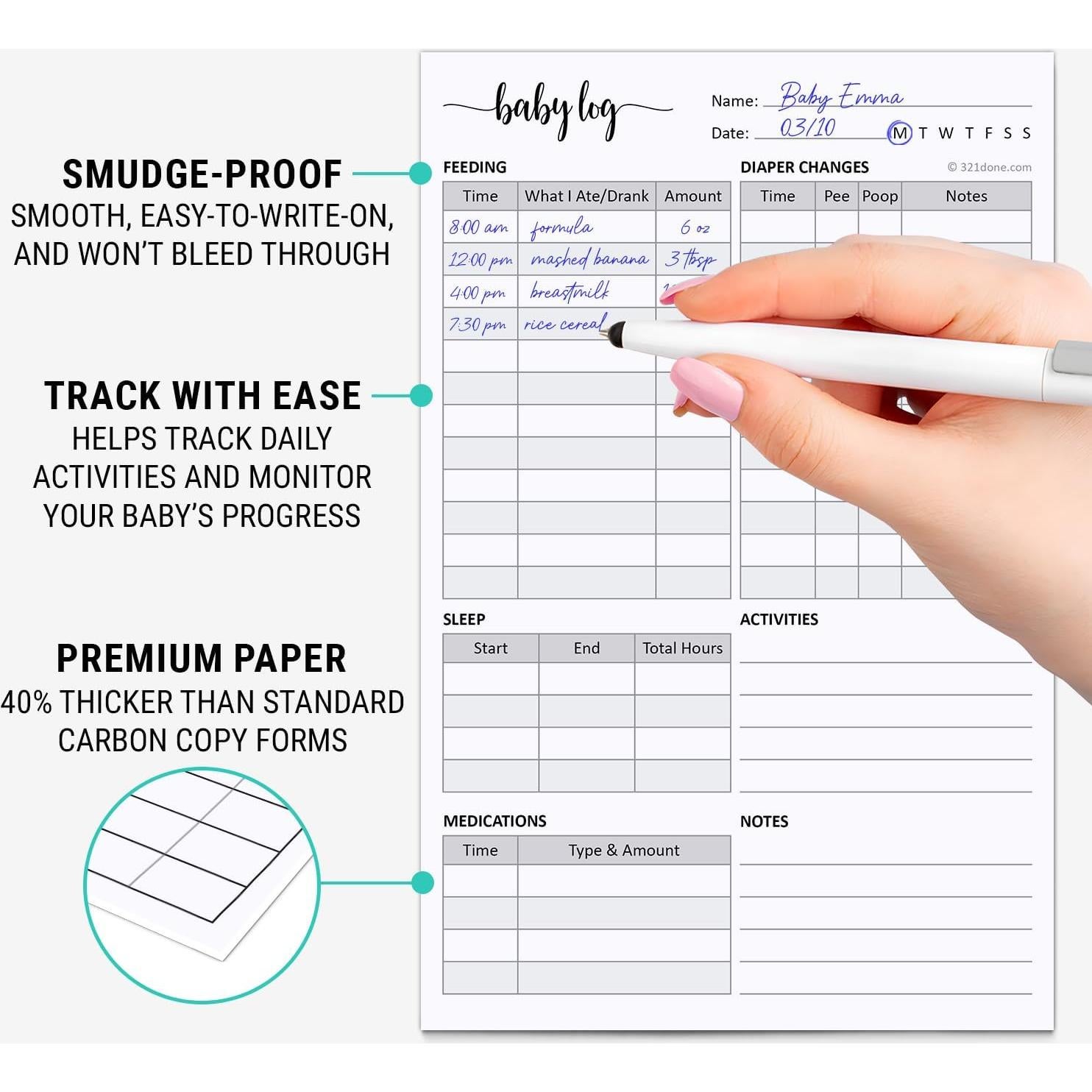 Libro de Registro Diario para Bebés 321Hecho - 50 Conjuntos
