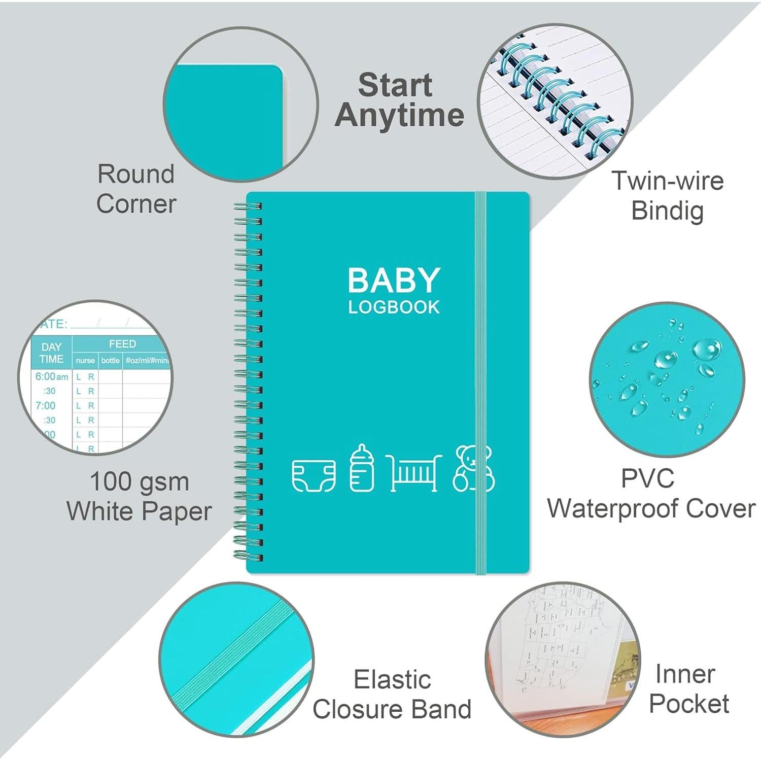 Registro Diario del Bebé Heveboik A5 150 Páginas Verde Azulado