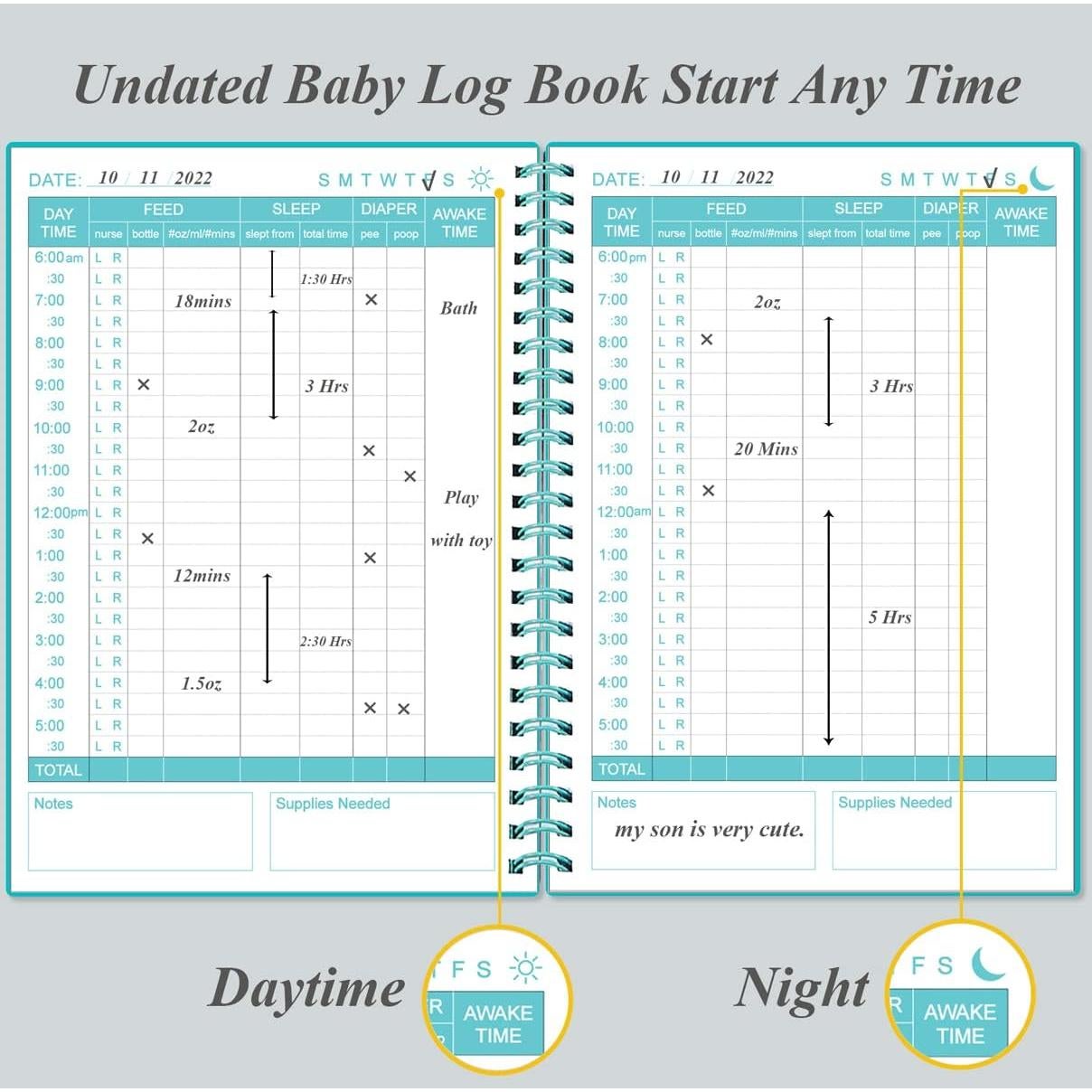 Registro Diario del Bebé Heveboik A5 150 Páginas Verde Azulado