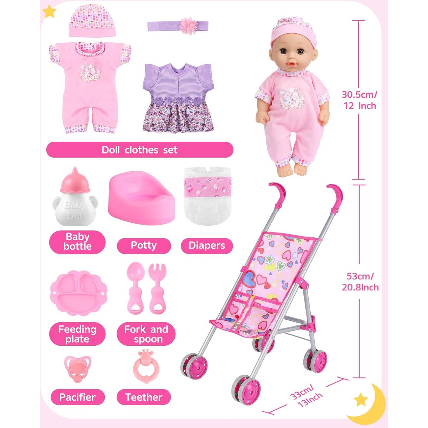 Carrito de Muñeca GAGAKU con Muñeca de 30 cm y Accesorios