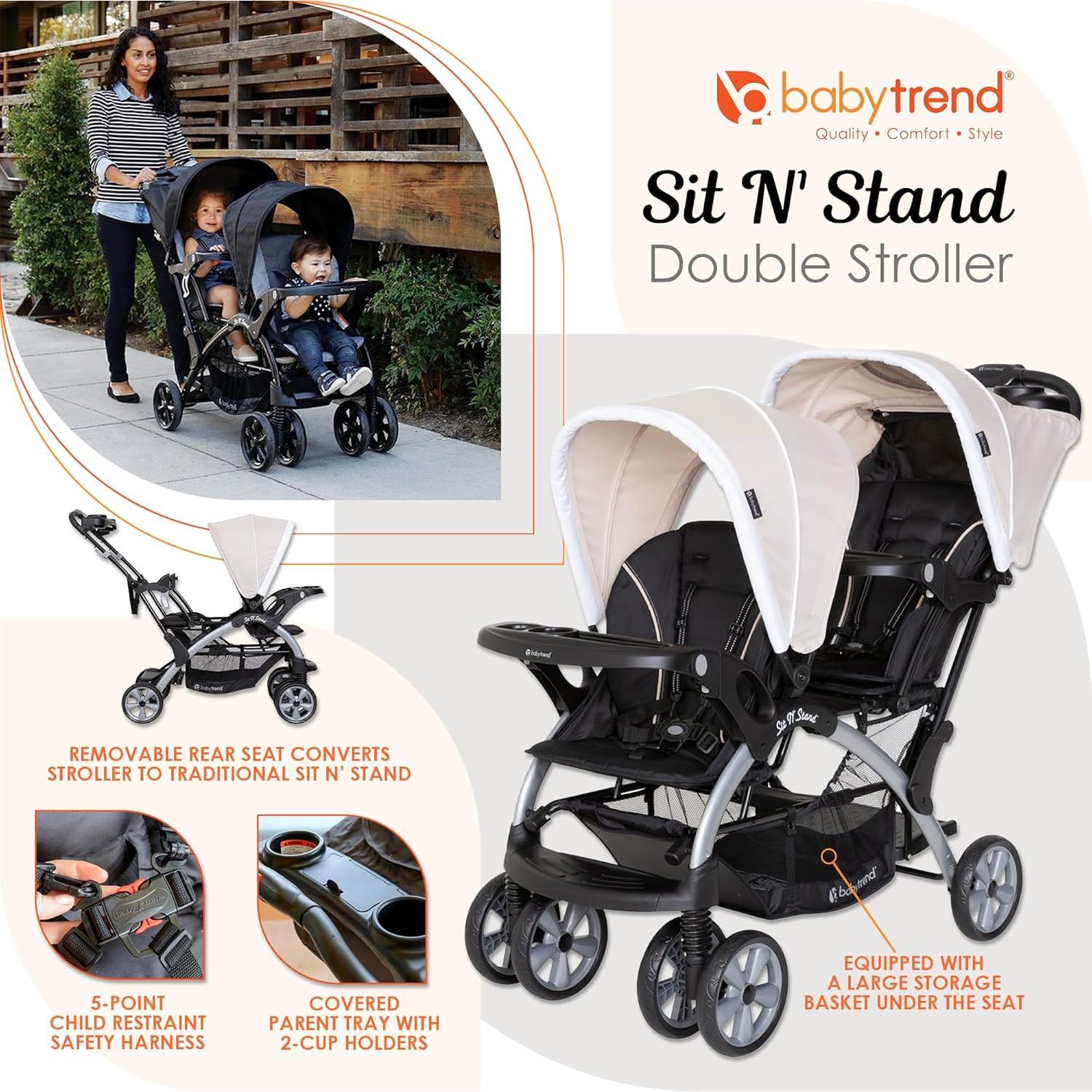 Baby Trend Infant and Toddler Double Stroller & 2 Car Seat Combo, 3 Pc Set, Khaki - Portable and Lightweight Stroller Duo and Car Seat Travel System Tandem