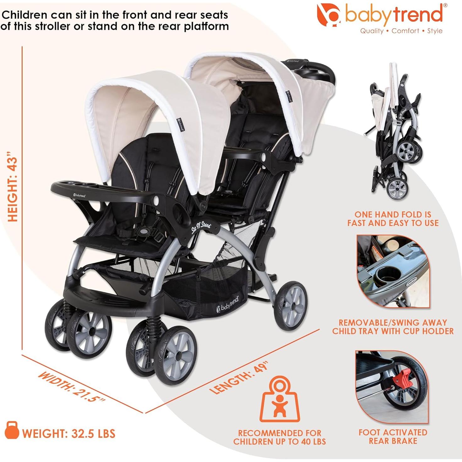 Baby Trend Infant and Toddler Double Stroller & 2 Car Seat Combo, 3 Pc Set, Khaki - Portable and Lightweight Stroller Duo and Car Seat Travel System Tandem