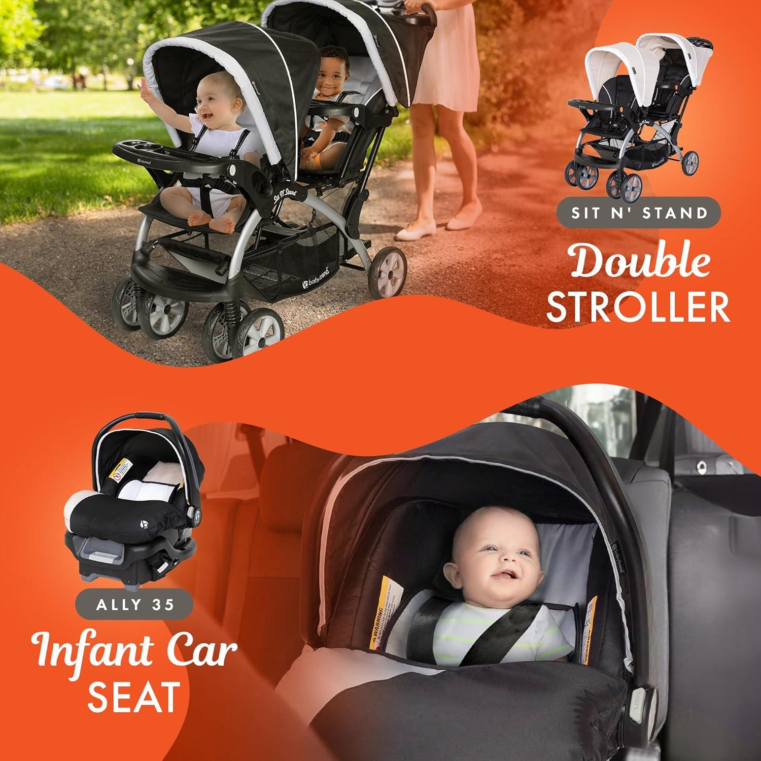 Baby Trend Infant and Toddler Double Stroller & 2 Car Seat Combo, 3 Pc Set, Khaki - Portable and Lightweight Stroller Duo and Car Seat Travel System Tandem