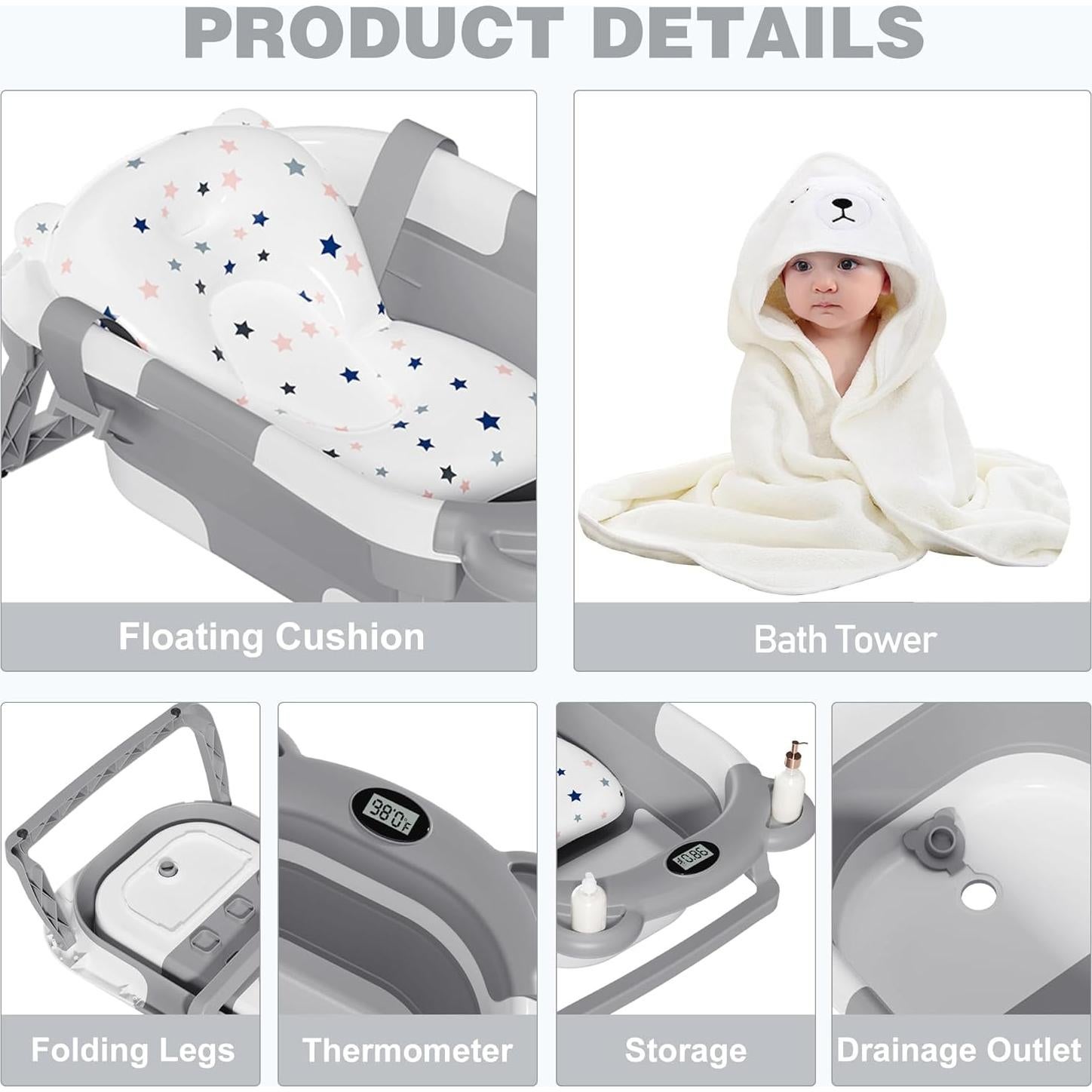 Bañera Plegable para Bebés MoreFeel con Termómetro y Toalla