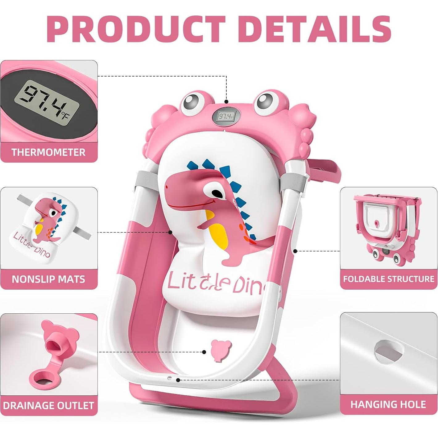 Bañera Plegable para Bebés WyfKyd Rosa con Monitor de Temperatura