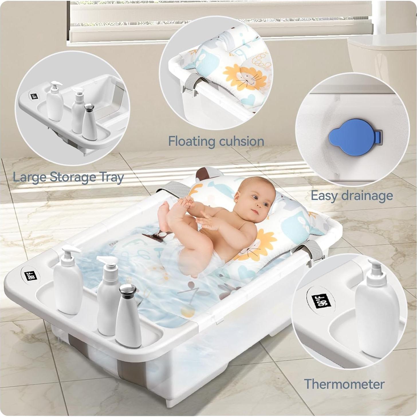 Bañera Plegable para Bebés Elyelsanns con Soporte y Termómetro