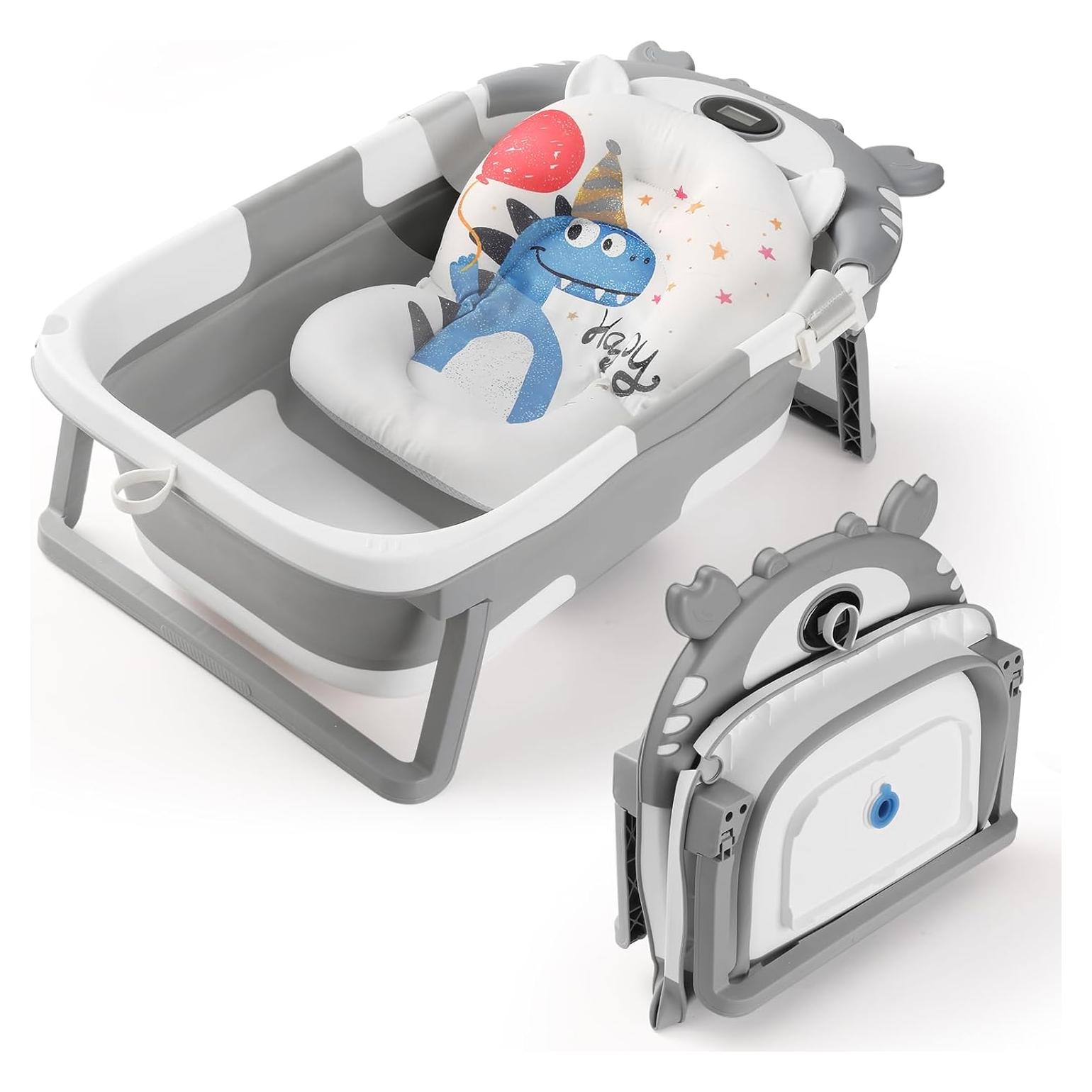 Bañera Plegable para Bebés con Termómetro y Cojín Gris Cangrejo