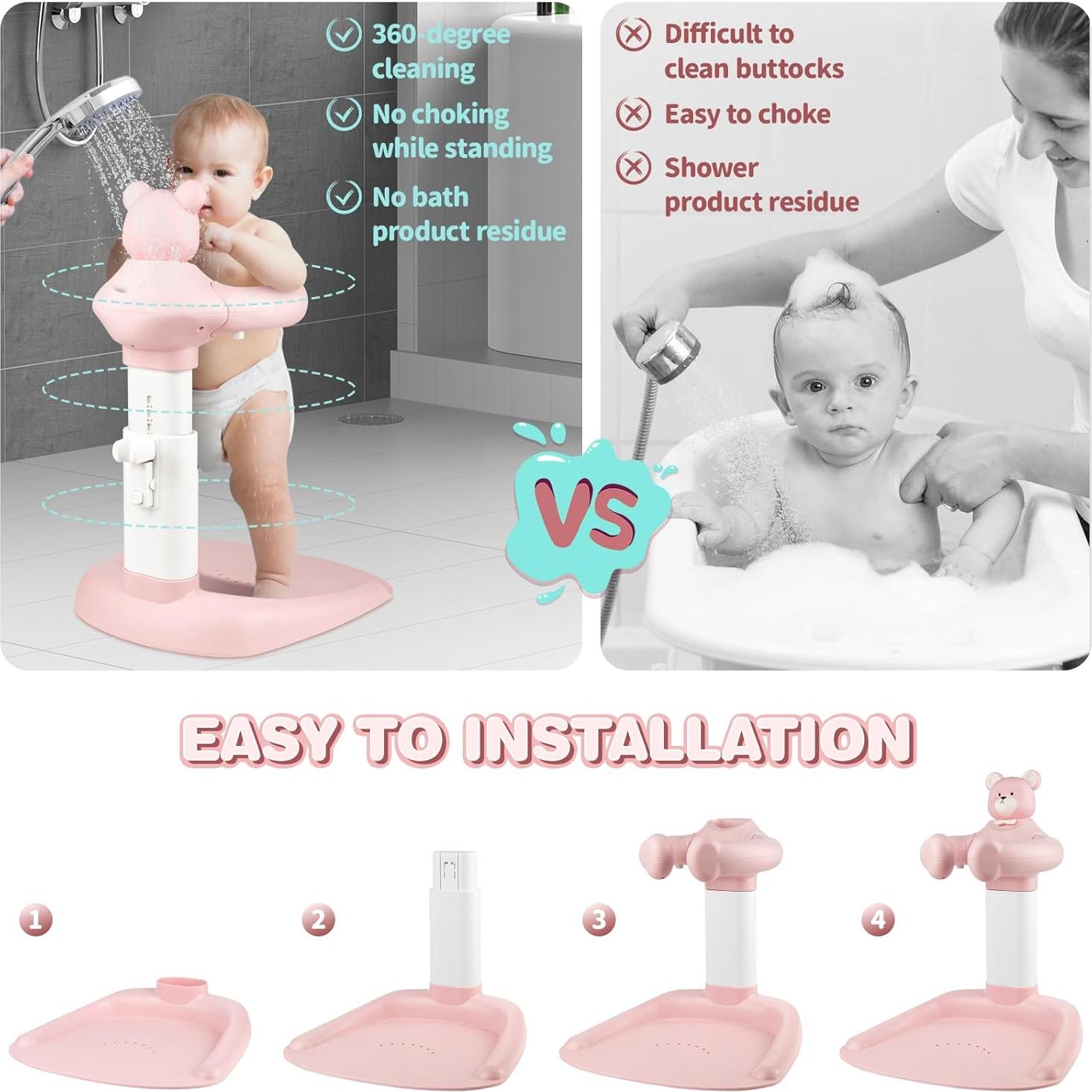 Soporte de Ducha Ajustable para Bebé Rosa - Baño Seguro 8-36 Meses