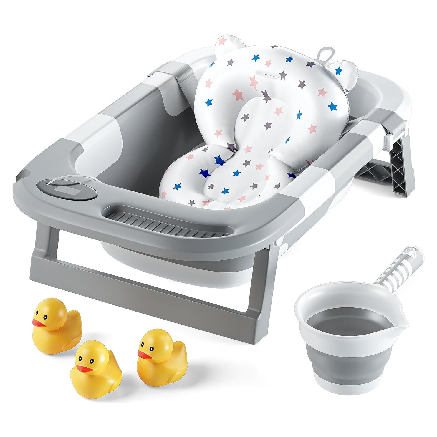 Bañera Plegable para Bebés Gris con Termómetro y Drenaje