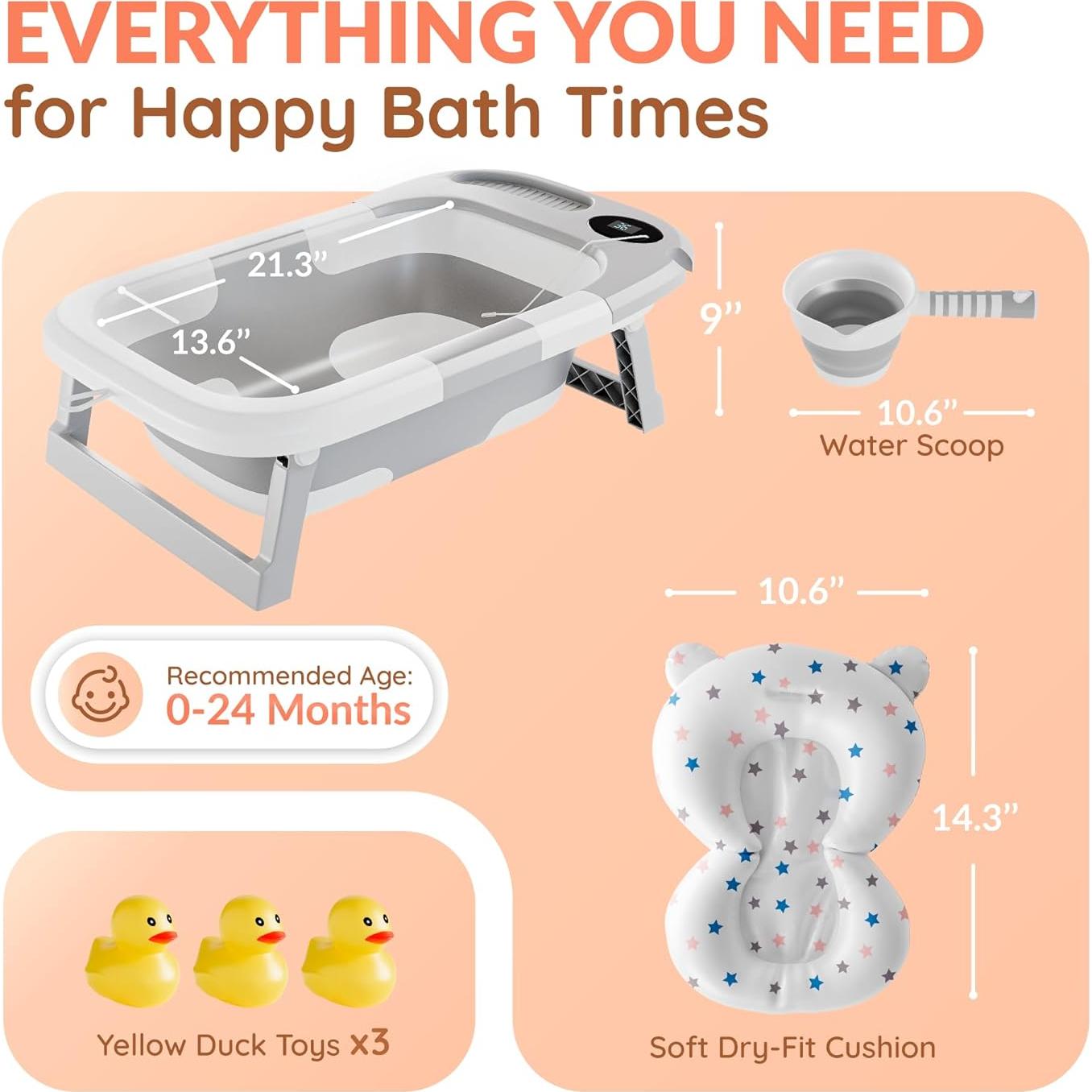 Bañera Plegable para Bebés Gris con Termómetro y Drenaje