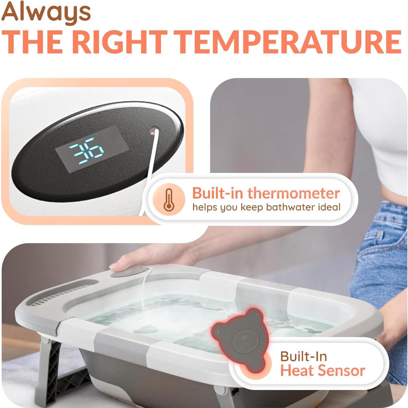 Bañera Plegable para Bebés Gris con Termómetro y Drenaje