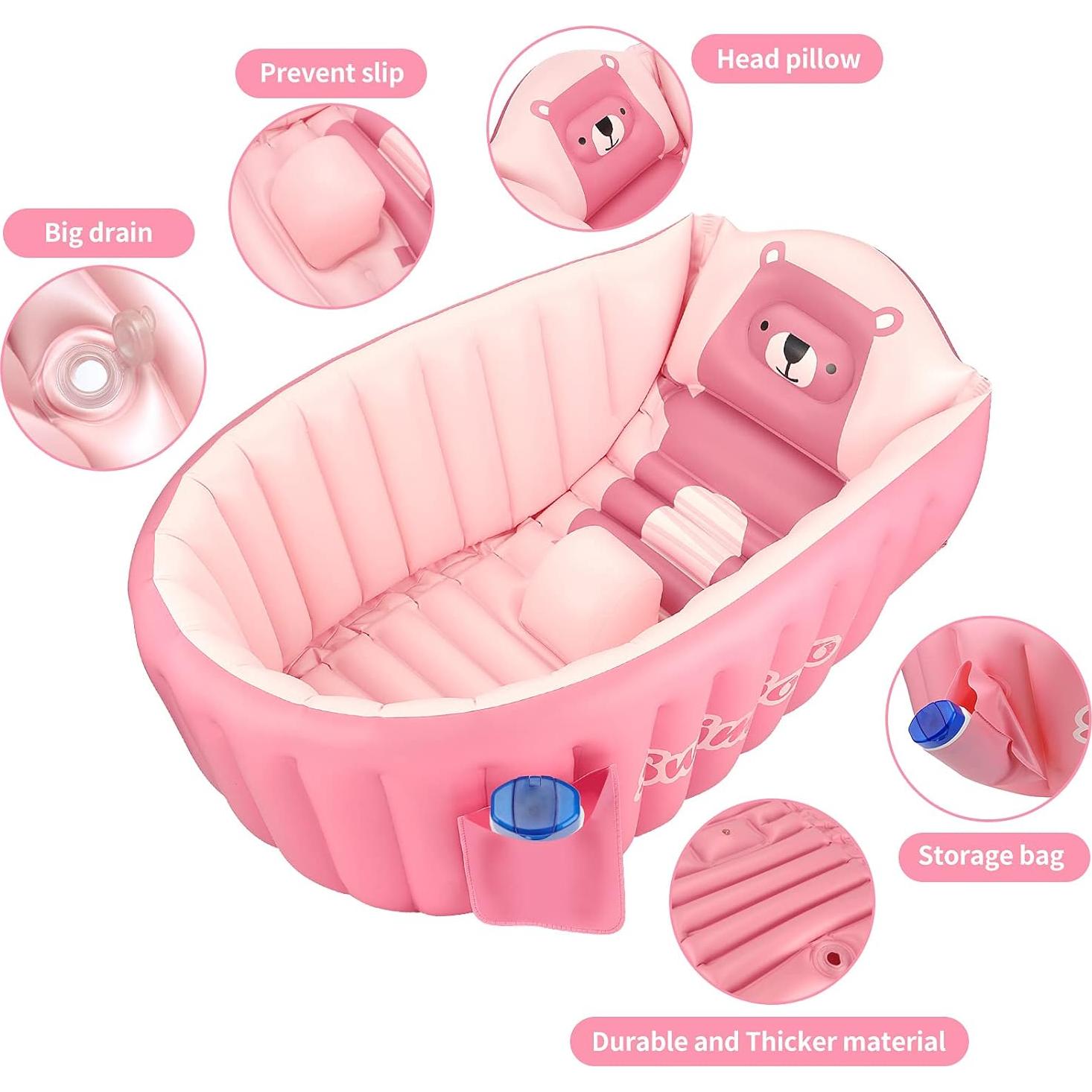 Tina de baño inflable KAKA rosa portátil para bebés 82x57 cm