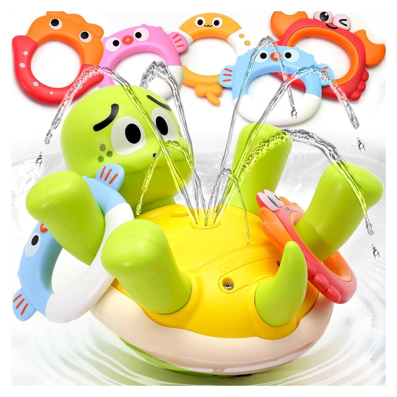 Sizobi Baby Bath Toys, Rechargeable Turtle Bath Toy Sprinkler for Toddler with 5 Rings, Bathtub Fountain Spray Toy, Pool Water Bath Toys for Kids Ages 1-3 Boys Girls Birthday Christmas Gifts