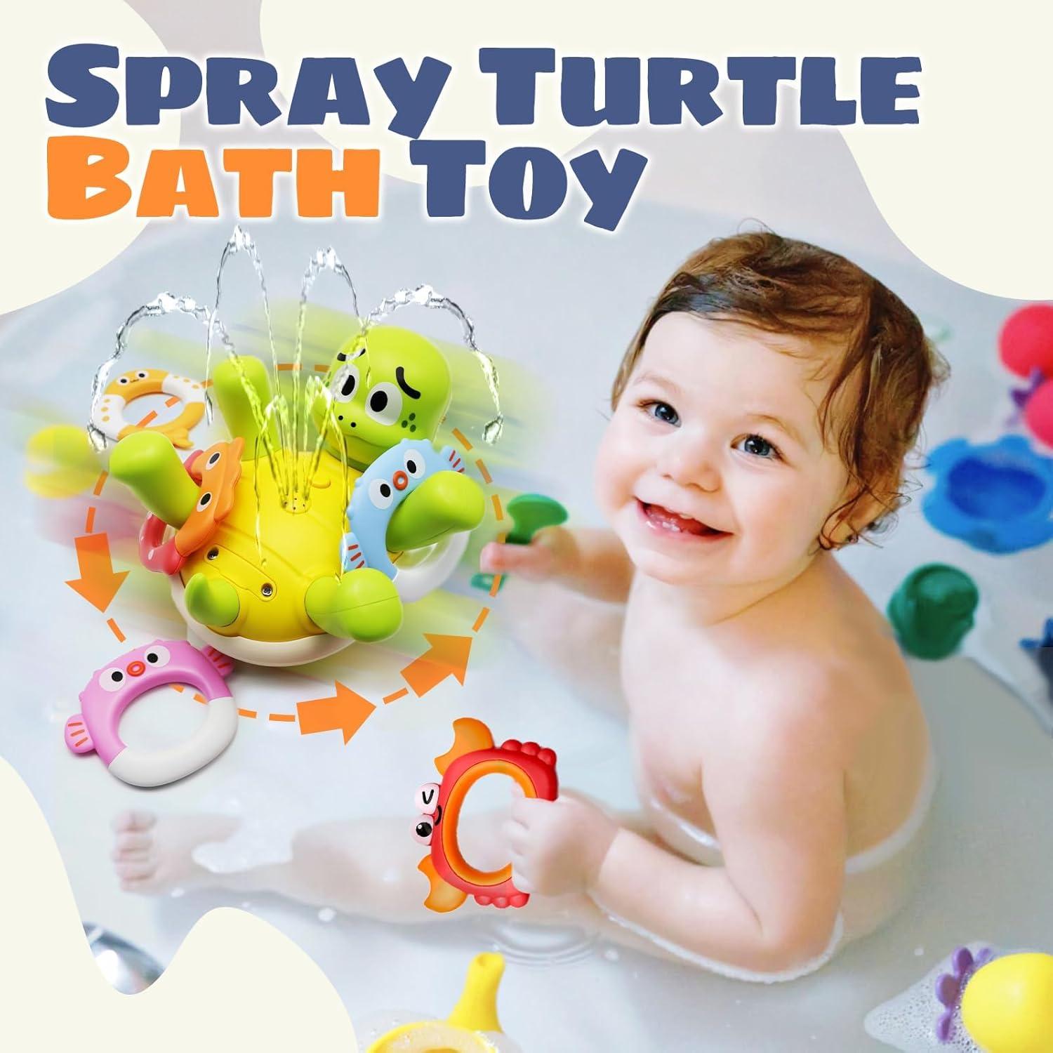 Sizobi Baby Bath Toys, Rechargeable Turtle Bath Toy Sprinkler for Toddler with 5 Rings, Bathtub Fountain Spray Toy, Pool Water Bath Toys for Kids Ages 1-3 Boys Girls Birthday Christmas Gifts