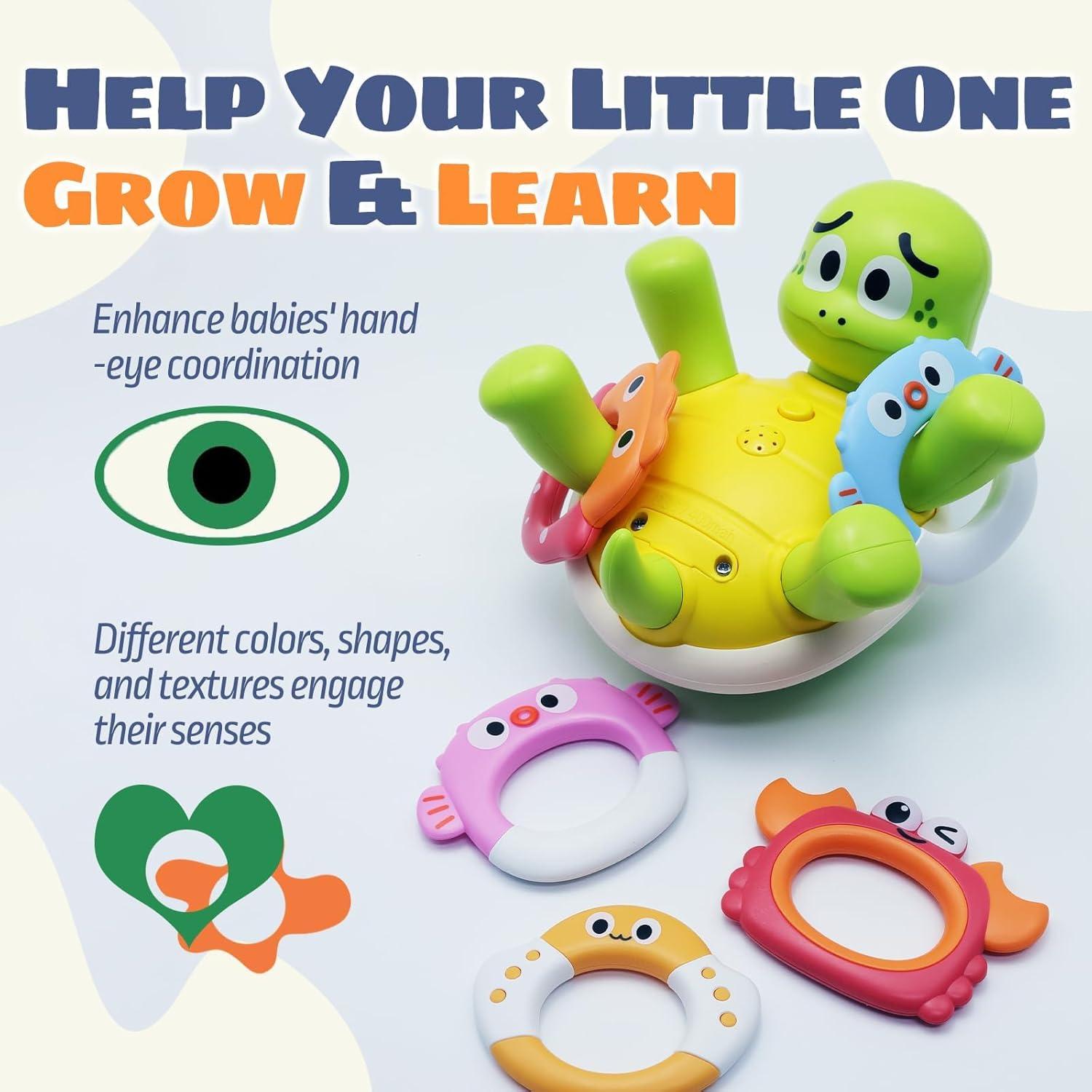 Sizobi Baby Bath Toys, Rechargeable Turtle Bath Toy Sprinkler for Toddler with 5 Rings, Bathtub Fountain Spray Toy, Pool Water Bath Toys for Kids Ages 1-3 Boys Girls Birthday Christmas Gifts