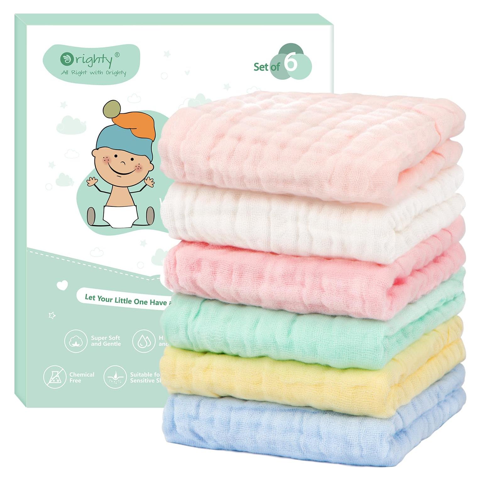 Toallitas de Muselina Orighty 100% Algodón Paquete de 6 - 25.4x25.4 cm