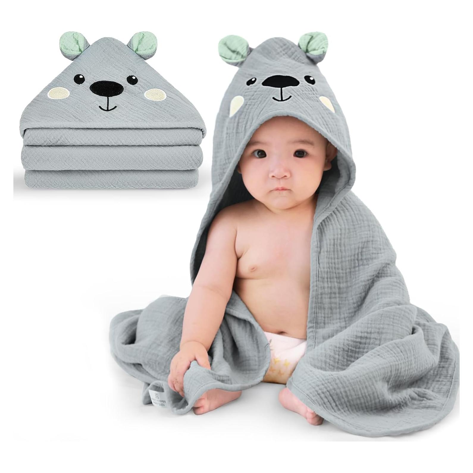 Toalla de Baño para Bebés FIOBEE 100% Muselina Oso Gris 76x76cm