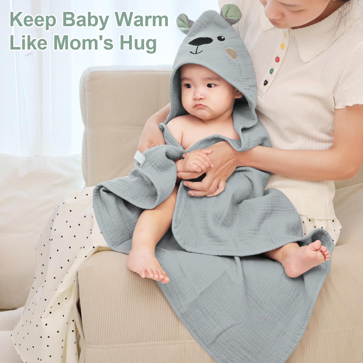 Toalla de Baño para Bebés FIOBEE 100% Muselina Oso Gris 76x76cm