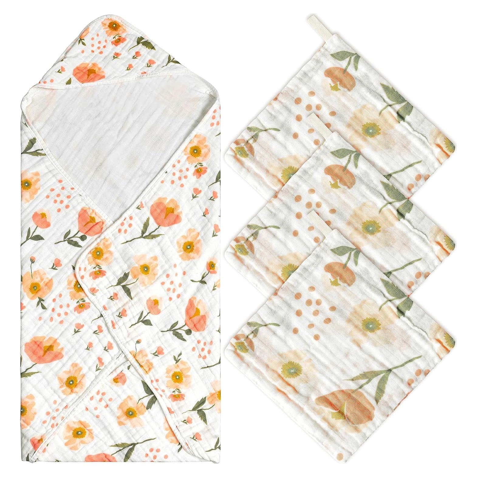 Conjunto de Toallas con Capucha Zainpe 4Pcs Algodón Floral 80x80cm