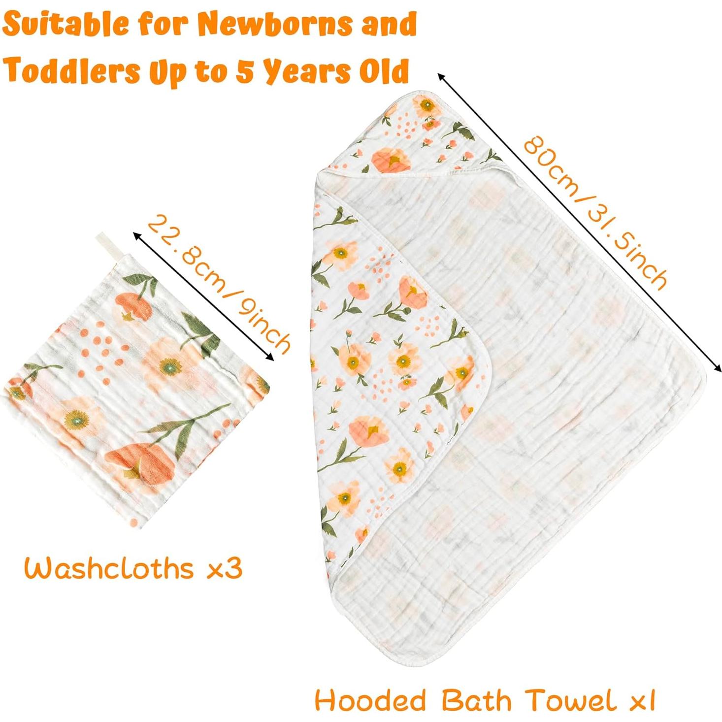 Conjunto de Toallas con Capucha Zainpe 4Pcs Algodón Floral 80x80cm