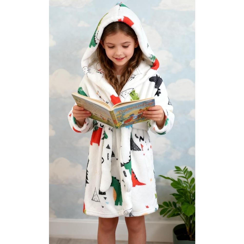 Bata de baño infantil de felpa coral con capucha Dinosaurio