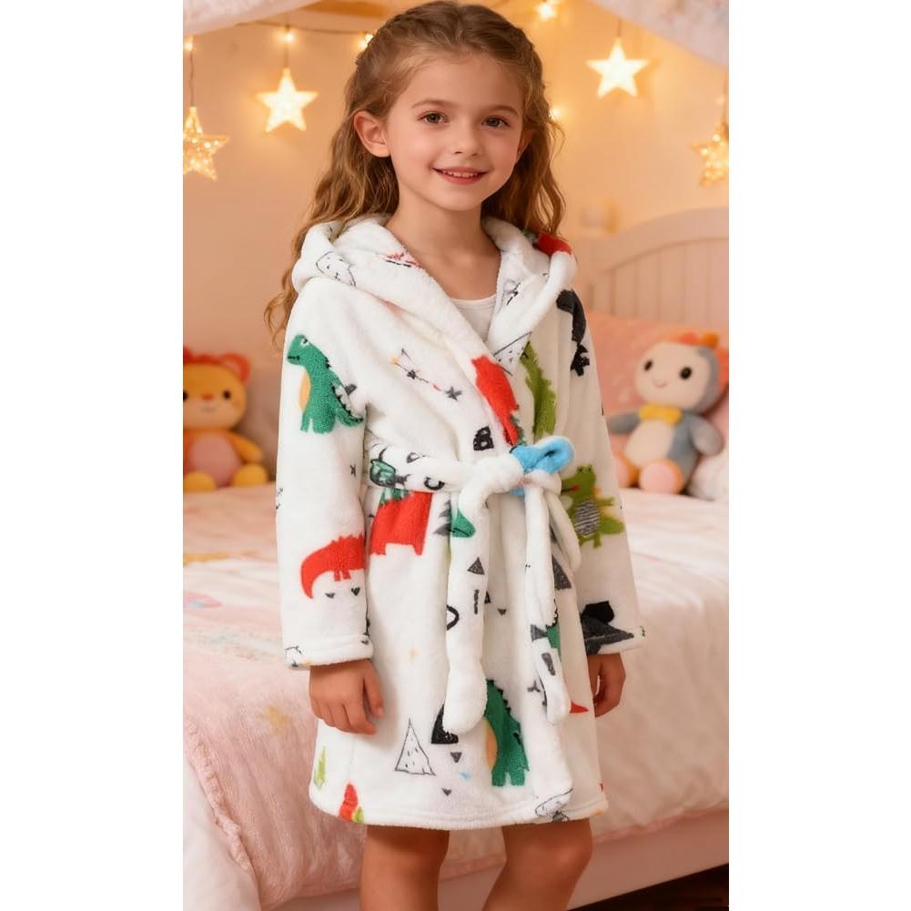 Bata de baño infantil de felpa coral con capucha Dinosaurio