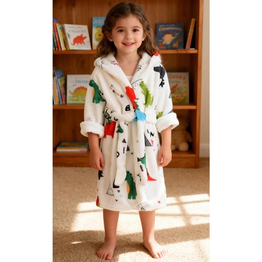 Bata de baño infantil de felpa coral con capucha Dinosaurio