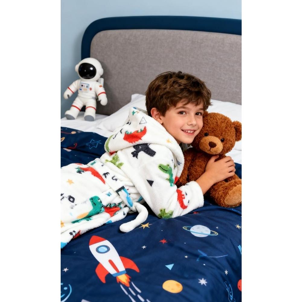 Bata de baño infantil de felpa coral con capucha Dinosaurio