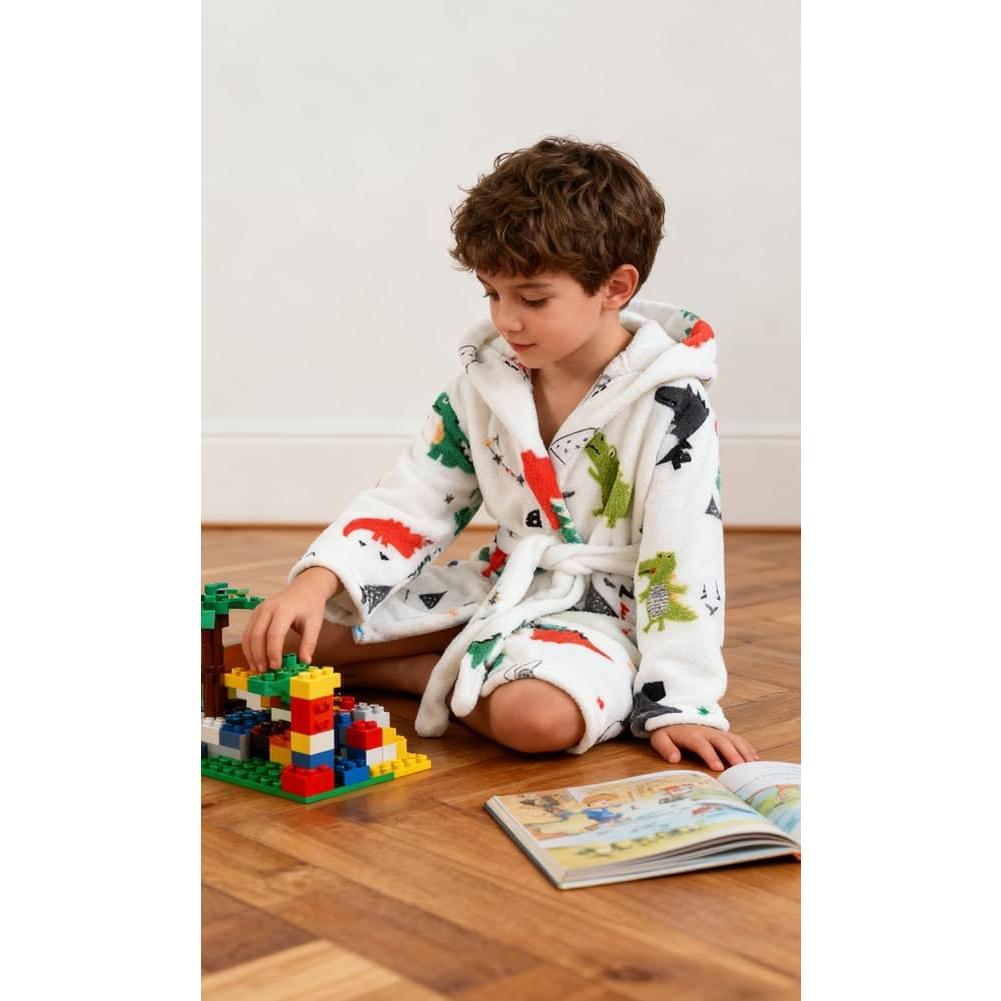 Bata de baño infantil de felpa coral con capucha Dinosaurio